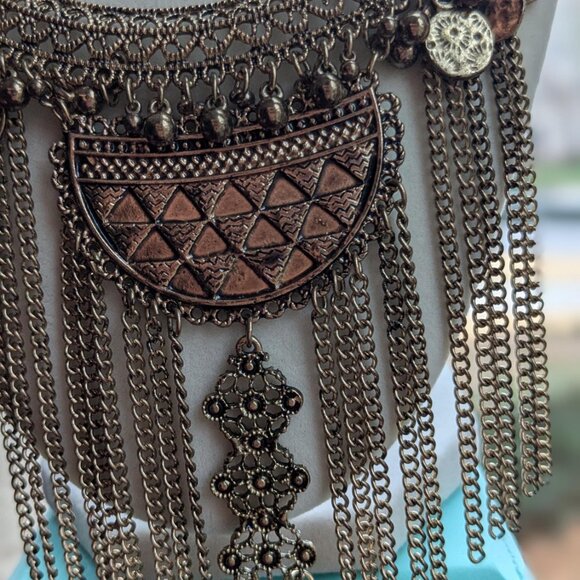 Antique Boho Statement Necklace - Vintage Filigree Pendant with Layered Chains - Picture 3 of 7